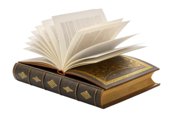 Open book with flipping pages, isolated on transparent background.
