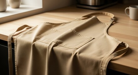 Beige Apron on Wooden Countertop Culinary Cooking Concept Kitchen Still Life Photography