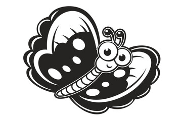 Cartoonish Butterfly in Black and White with Spots on White Background