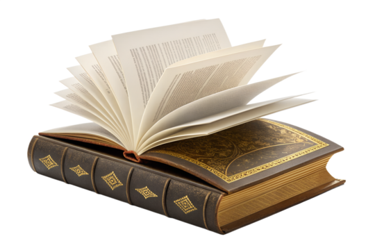 Open book with flipping pages, isolated on transparent background.