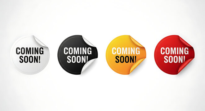 Exciting coming soon sticker set announces product launch, promotion, or website updates with eye-catching designs and vibrant colors