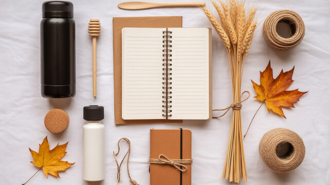 A flat lay photograph of autumn-themed stationery and craft items arranged on a white textured background.