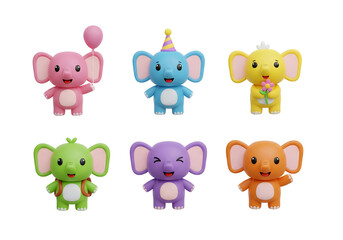 Obraz premium Kawaii elephants, 3D illustration icon set.