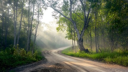 Fototapeta premium Serene Pathway Through Tranquil Forest with Soft Sunlight and Mist Enveloping the Landscape