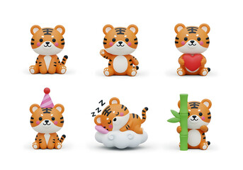Kawaii tigers, 3D illustration icon set.