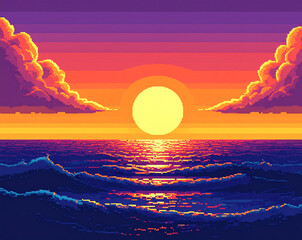 Retro Pixel Art Sunset with Ocean Waves PNG