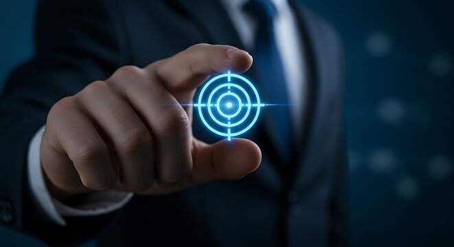 A businessmans hand holding a glowing blue target symbol with crosshairs, signifying focus, goals, and precision in business and strategy