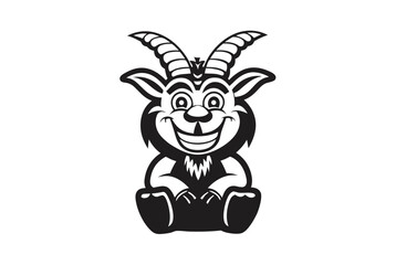 Cute Goat Cartoon Character With Large Horns On White Background