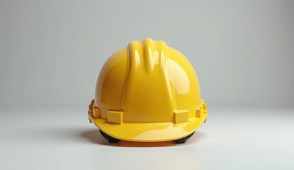 Fototapeta premium Bright yellow construction helmet on light background, glossy surface with reinforced ribs. Minimalist composition highlights safety, professionalism, industrial design, and workplace protection