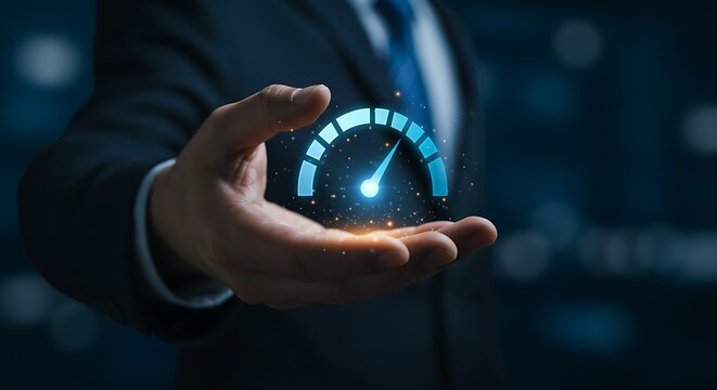 A businessman in a suit presenting a glowing blue speedometer icon in his open palm, signifying high performance, speed, and efficiency in a dark, abstract background with bokeh lights