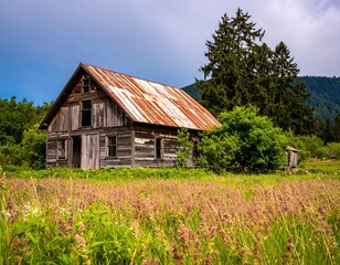 Obraz premium Rustic abandoned cabin in a field