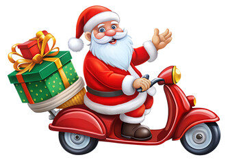 Santa Claus riding red scooter with gifts isolated on a transparent background