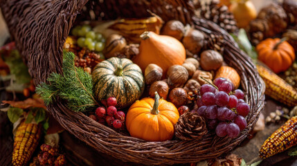 Autumn cornucopia basket filled with pumpkins grapes nuts and seasonal harvest on rustic wooden table