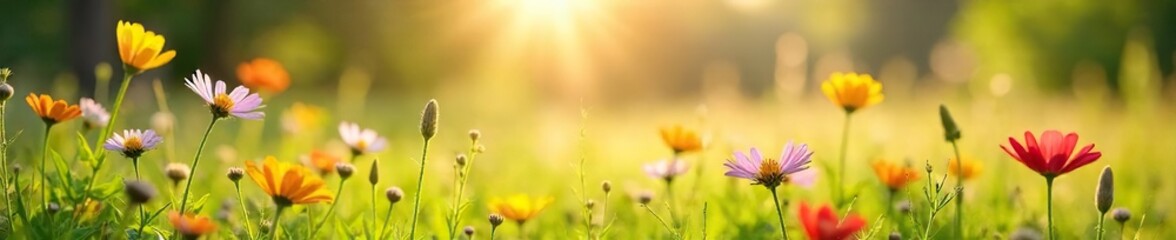 Serene sun-drenched meadow scene, wildflowers in full bloom, gently swaying in a summer breeze Perfect for idyllic, peaceful, nature backgrounds , nature, bright, colorful