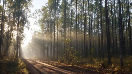 Obraz premium Enchanting Forest Pathway with Misty Sunlight Filtering Through Majestic Pine Trees