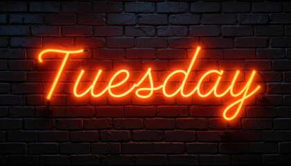 The word Tuesday in orange neon against a dark brick wall