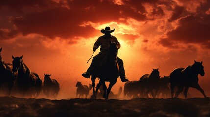 Silhouette of a cowboy on horseback at sunset