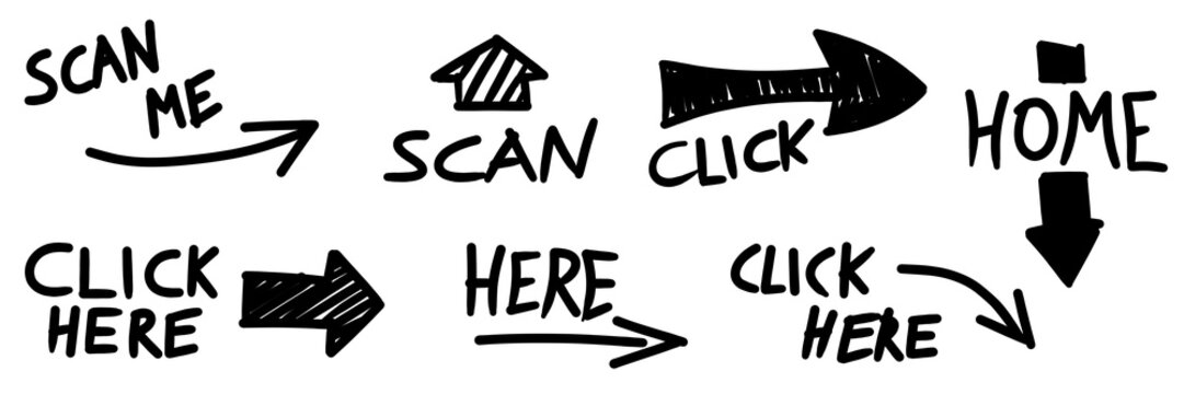 illustration: click me, scan me, here scribbles isolated on white or transparent png