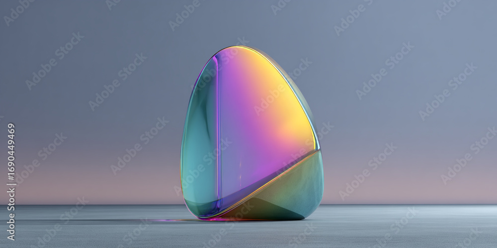 Poster A smooth iridescent object with colorful reflections sits on a textured gray surface against a soft gradient background.