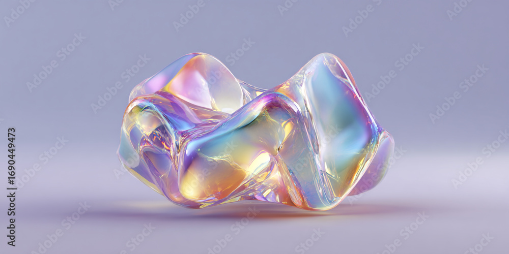 Poster a translucent amorphous object with iridescent colors and fluid curves against a soft purple backgro
