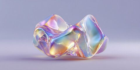 A translucent amorphous object with iridescent colors and fluid curves against a soft purple background.
