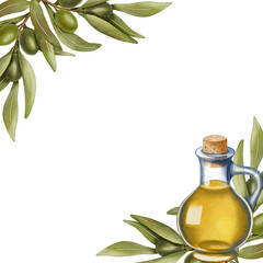 Hand drawn watercolor frame with green olives and olive leaves. Olive branches, leaves and fruits. Round wreath of olive branches. For menu, packaging design, wedding.