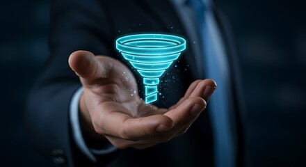 A businessmans hand holds a glowing blue funnel, symbolizing data filtering, lead generation, and process optimization in a digital business context