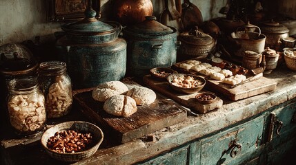 Vintage kitchenware holding handcrafted snacks, bathed in warm nostalgic light.