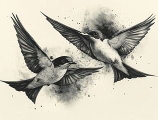 Charcoal drawing of two swallows