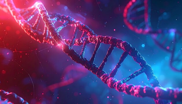 Double helix structure glows with red and blue light, representing genetic code and scientific research in a modern laboratory setting, creating a sense of innovation.