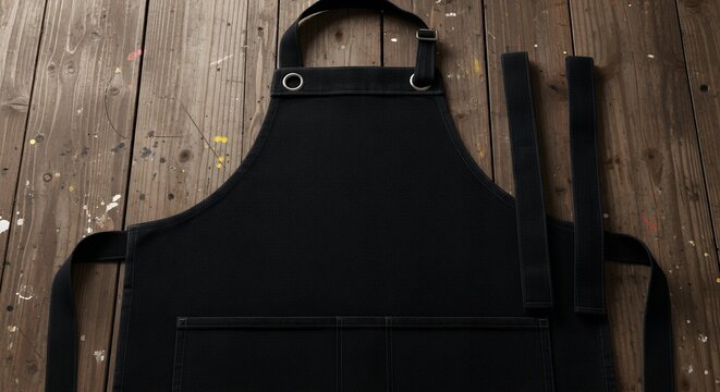 Black Apron on Wooden Table Ready for Branding or Customization Chef or Craftsperson Workspace