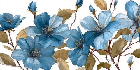 Delicate blue flowers with brown leaves and buds on a white background.