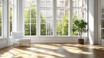 Fototapeta premium Bright and Spacious Living Room with Large Windows and Indoor Plant in Modern Design