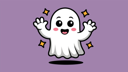 Cute cartoon ghost character with wide eyes and open mouth in a playful silhouette pose with sparkling stars on a purple background