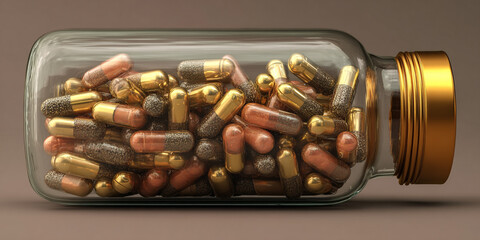 A glass jar filled with golden and copper colored capsules on a brown background.