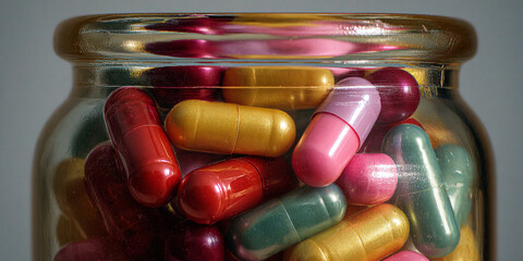 A close up of a glass jar filled with various colorful capsules and pills.