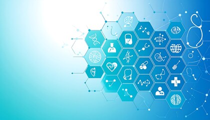 Medical icons arranged in honeycomb pattern representing healthcare and medicine on a light blue gradient, symbolizing innovation and technology in the medical field.