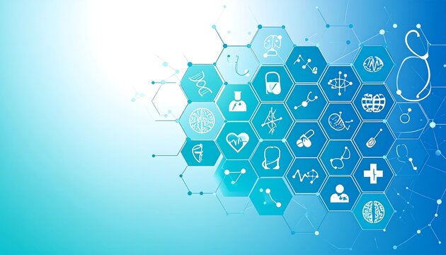 Medical icons arranged in honeycomb pattern representing healthcare and medicine on a light blue gradient, symbolizing innovation and technology in the medical field. - Powered by Adobe