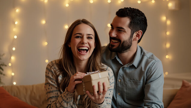 Joyful young woman laughing with delight as she receives a surprise gift from her loving partner in a cozy, festively lit home - Powered by Adobe