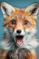 fox face. Open mouth. Surprise, shock, paws on head on color background. Space for text.