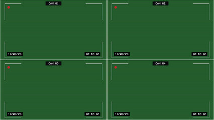 Night vision green CCTV set of four display on screen. 16:9 format video template with horizontal retro lines. CCTV overlay for surveillance and security cameras setup. Overlay vector template.