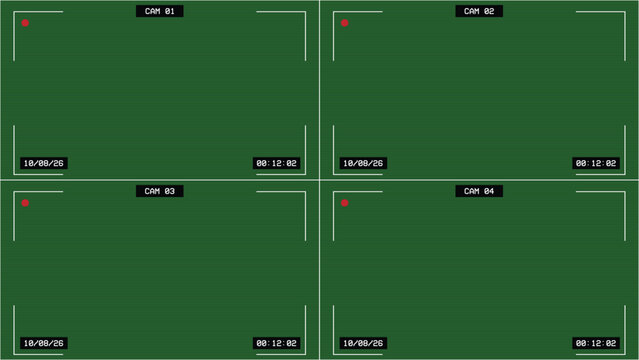 Night vision green CCTV set of four display on screen. 16:9 format video template with horizontal retro lines. CCTV overlay for surveillance and security cameras setup. Overlay vector template.