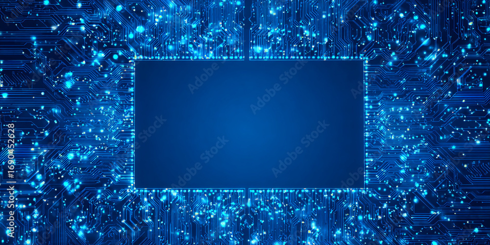 Poster a digital circuit board with intricate blue lines and glowing bright particles forming a frame.