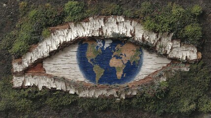 A striking visual metaphor depicts Earth as the iris of an eye, framed by textured bark, symbolizing nature's watchful gaze and the planet's fragility, evoking concern for environmental preservation.