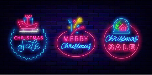Merry Christmas sale neon labels collection. Santa sledge, snow globe. Special offer marketing. Vector illustration
