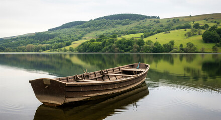 Obraz premium Tranquil rowboat rests peacefully on a serene lake in a remote valley.
