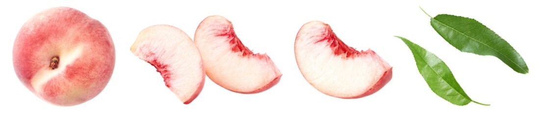 cut of peach fruit with green leaves isolated on white background. clipping path