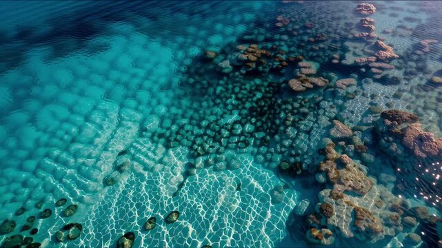 Aerial view shallow tranquil ocean water coral reef underwater landscape