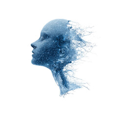 Abstract Digital Female Face Dissolving into Data Stream - AI, Technology, and Human Connection