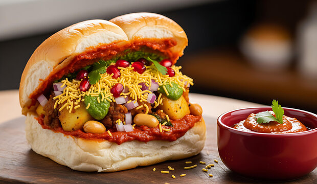 Tasty street-style dabeli filled with potato mixture and tangy flavors